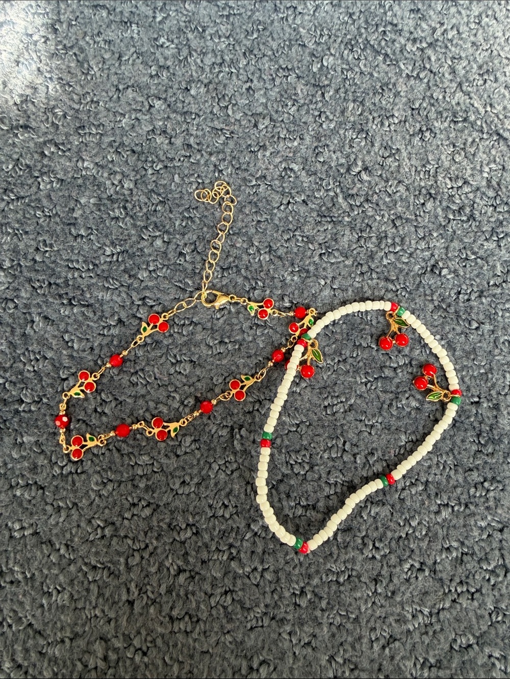 Gold Chain and Beaded Cherry Anklet Set - Red & White